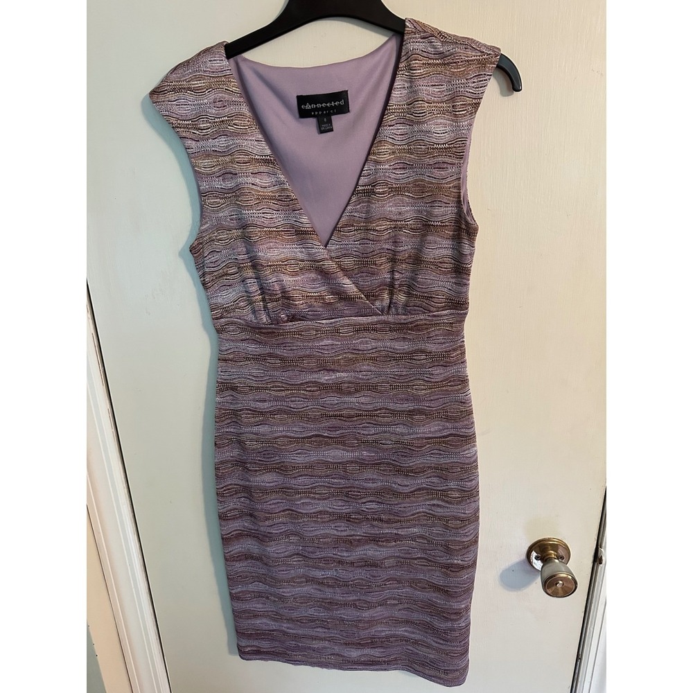 Connected Apparel Sleeveless V Neck Lilac Metallic Woven Women's Dress Size 8